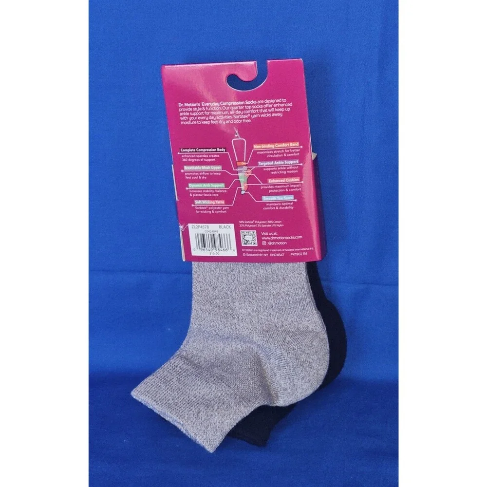 NWT Dr. Motion Everyday Compression Quarter Socks 2 Pr Womens Sz 9-11 Black/Gray